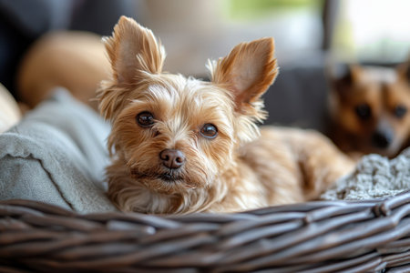 A small, fluffy dog enjoys a relaxing moment in its soft basket, soaking up the warmth of the sun.の写真素材