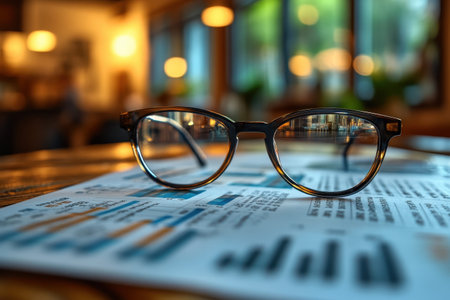 Glasses are placed on a financial report, showcasing charts and data in a warm cafÃ© atmosphere.の写真素材