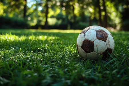 A well-used soccer ball lies on vibrant grass, surrounded by trees in a peaceful outdoor setting.の写真素材
