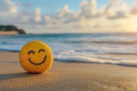 A bright yellow smiley face stone sits on the sand, with gentle ocean waves lapping nearby at sunset.の写真素材