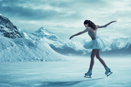 A young woman in a tutu performs a graceful skating routine on a serene frozen lake.の写真素材