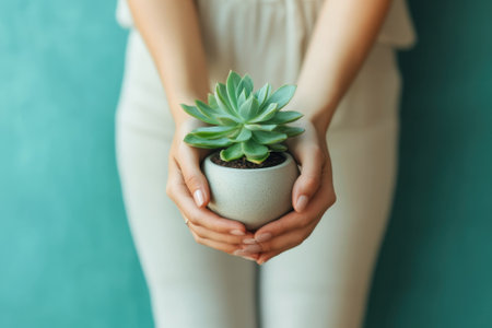 Individual cradles a small green succulent in a simple pot against a vibrant teal backdrop.の写真素材