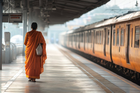 A monk in orange robes strolls on a quiet train platform during early morning.の写真素材