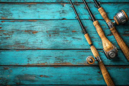 Three fishing rods are laid out on a rustic blue wooden surface, prepared for fishing activities.の写真素材