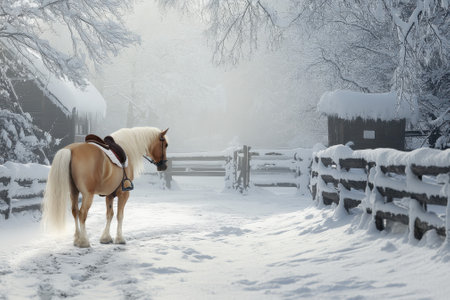 A horse stands quietly on a snowy path, surrounded by a serene winter landscape and rustic fences.の写真素材