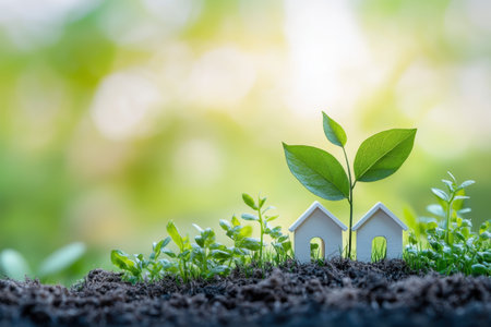 Tiny houses adorned with greenery symbolize growth and sustainability in a vibrant outdoor environment.の写真素材