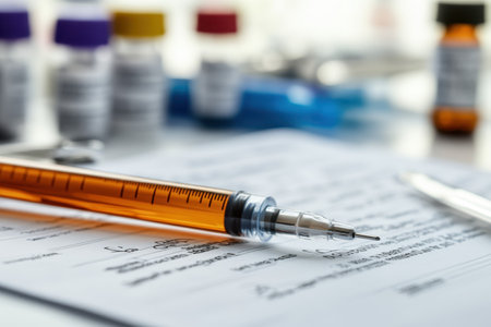 A syringe is placed on paperwork with various vials and medical supplies organized in a clinical environment.の写真素材