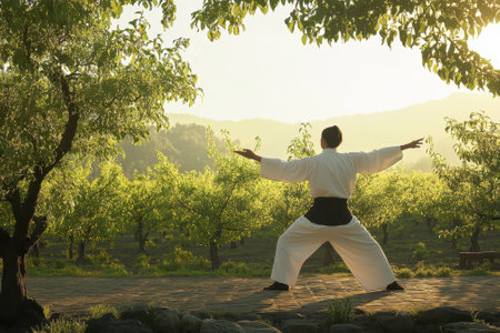 A martial artist performs a graceful pose in a beautiful orchard during sunset, surrounded by lush greenery.の写真素材