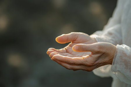 Soft hands reach out to catch warm sunlight in a peaceful outdoor environment during late afternoon.の写真素材