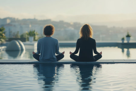 Two individuals practice meditation near a tranquil pool, enjoying a beautiful sunrise in the background.の写真素材