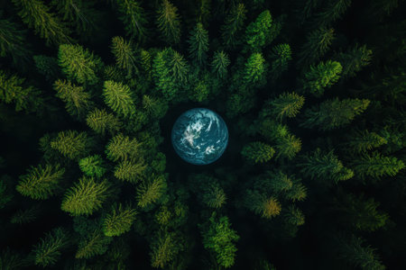 Green treetops surround a globe, highlighting the connection between nature and the Earth in this peaceful view.の写真素材
