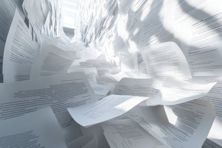 A cascade of loose papers floats in a bright hallway, creating a whimsical and dreamy atmosphere.の写真素材