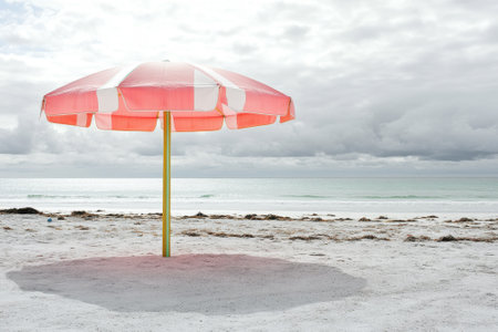 A solitary beach umbrella provides shade on a bright sandy shore, surrounded by gentle waves and overcast skies.の写真素材