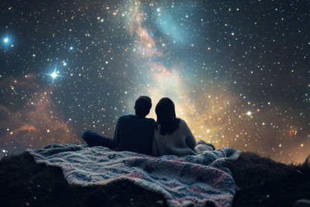 A couple relaxes on a blanket, gazing at a star-filled sky with vibrant nebulae and swirling galaxies above them.の写真素材