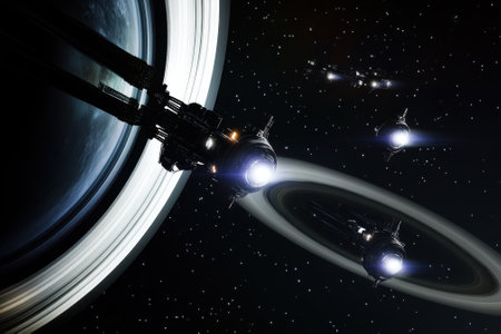 Spaceships navigate through star-filled space, approaching a planet with stunning rings and distant celestial bodies.の写真素材