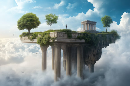 A man stands on a floating platform surrounded by clouds, featuring ancient columns, trees, and a temple-like structure.の写真素材