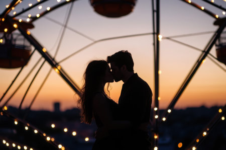 Silhouetted couple shares a kiss atop a ferris wheel during a beautiful sunset by the city skyline.の写真素材
