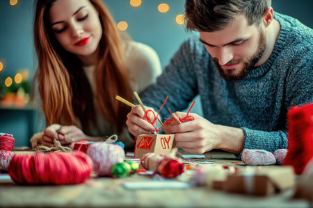 A couple enjoys crafting with colorful threads and materials at a table filled with festive decorations.の写真素材
