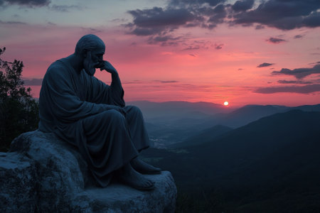 A seated statue of a philosopher gazes thoughtfully at the sunset over the valley, surrounded by vibrant skies.の写真素材