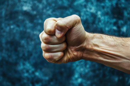 A close-up of a clenched fist shows strength and defiance against oppression, against a textured backdrop.の写真素材