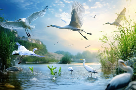 Multiple egrets are seen flying and wading in a calm lake surrounded by lush greenery at dawn.の素材