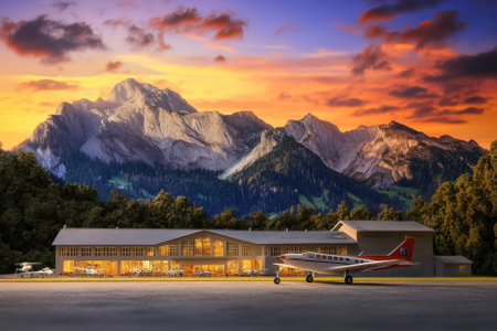 Vibrant sunset illuminates a small airport surrounded by majestic mountains and parked aircraft.の写真素材
