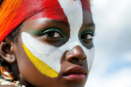 A young woman displays stunning traditional face paint while celebrating her cultural heritage outdoors.の写真素材