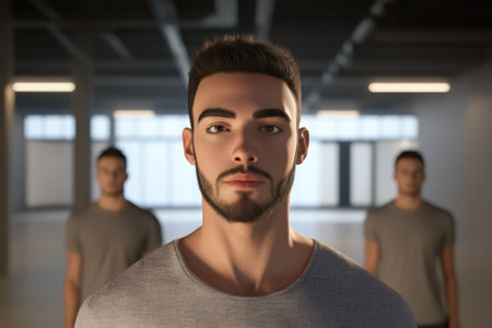 Three individuals with closely resembling features stood in a spacious, well-lit area, showing their distinct styles.の写真素材