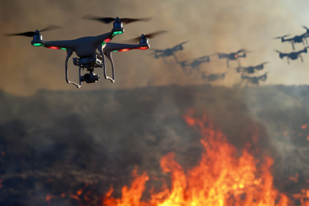 A fleet of drones is deployed to battle a raging wildfire, aiding firefighting efforts near a large uncontrolled fire.の写真素材