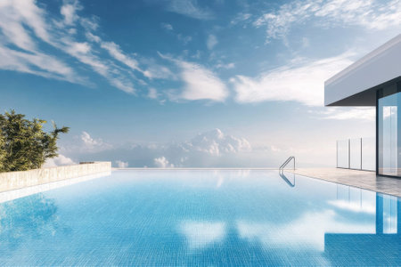A stunning infinity pool reflects the clear blue sky and fluffy clouds in a peaceful outdoor area.の写真素材