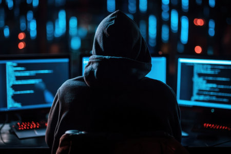 A person wearing a hoodie sits in front of three glowing monitors, deep in focused work at night.の写真素材