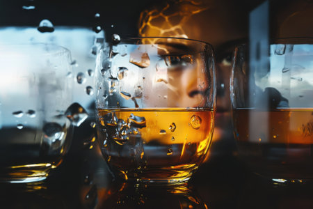 A person gazes thoughtfully through water droplets on glass, with amber liquid in the foreground under soft lighting.の写真素材