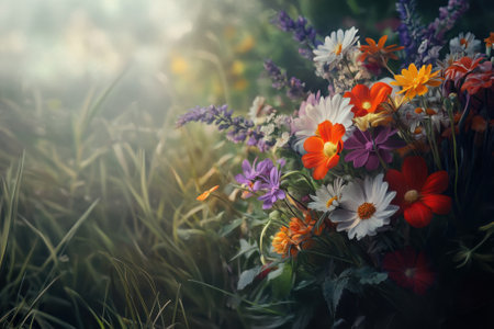 A vibrant mix of wildflowers in various colors blooming in a lush green field under the warm sun.の写真素材