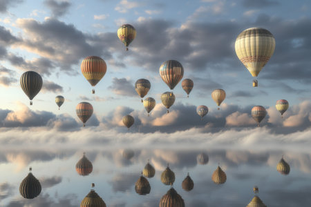Colorful hot air balloons soar above a peaceful lake, reflecting in the calm waters during early morning light.の写真素材
