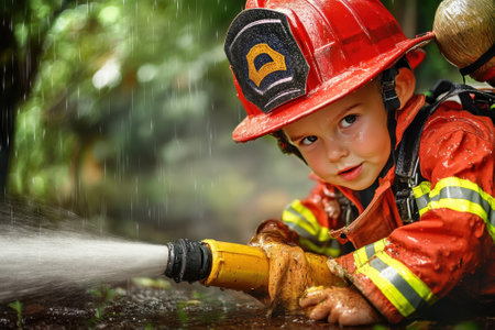 A child in a firefighter costume enjoys spraying water from a hose in a lush garden while it rains.の写真素材