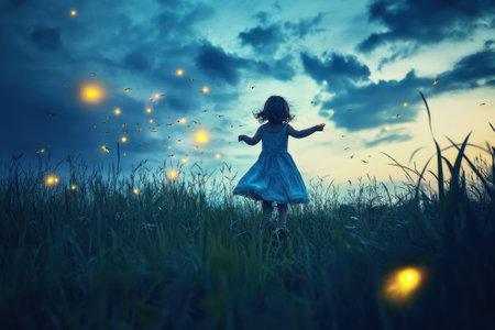 A young girl dances amid glowing fireflies in a grassy field at twilight, embraced by nature's beauty.の写真素材