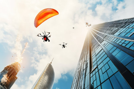 A paraglider with a bright canopy glides over tall buildings while drones hover nearby under a sunny sky.の写真素材
