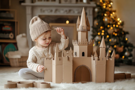 A young child crafts a detailed cardboard castle while Christmas lights shimmer in the background.の写真素材