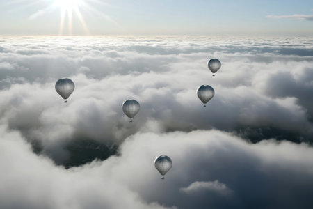 Hot air balloons drift gracefully above a thick blanket of clouds under a bright sunlit sky.の写真素材