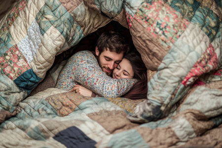 A happy couple cuddles together under a cozy quilt, enjoying each other's warmth and affection at home.の写真素材