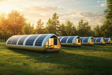 Modern housing units with solar panels are set in a serene landscape during sunset, highlighting sustainability.の写真素材