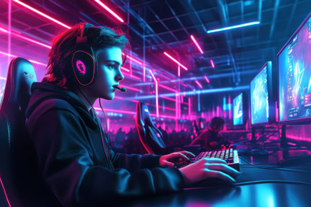 A young player focuses intently on a gaming monitor while competing in an esports event set in a vibrant venue.の写真素材