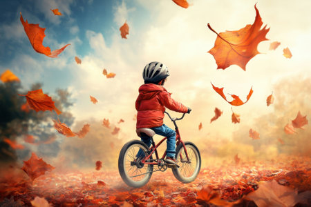 A child in a red jacket enjoys biking through a park filled with falling orange and yellow leaves.の写真素材