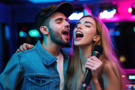 Two friends passionately sing together during a fun-filled karaoke night in a vibrant setting.の写真素材