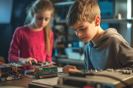 Two children engage in hands-on activities, assembling electronics and circuit boards in a creative workshop.の写真素材