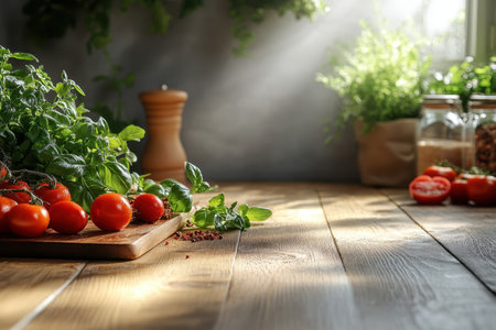 A wooden surface is adorned with fresh tomatoes and herbs, illuminated by morning sunlight streaming in.の写真素材