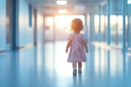 A small child in a pink dress explores a hospital hallway as sunlight filters through.の写真素材