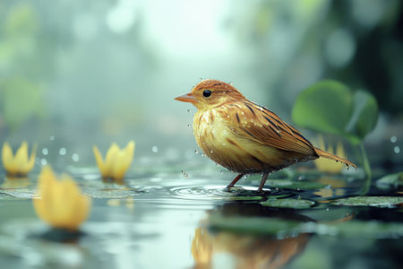 A small yellow bird stands in shallow water, encircled by flowers and raindrops, creating a serene scene.の写真素材
