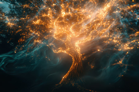 In a dark forest at night, a tree's vibrant, glowing branches create a magical atmosphere.の写真素材