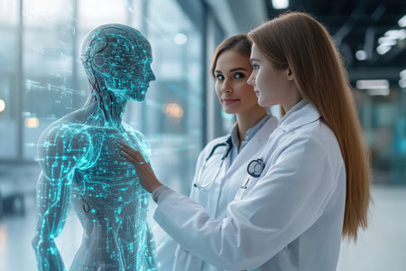 Two healthcare workers examine a 3D holographic model of human anatomy in a high-tech clinic environment.の写真素材